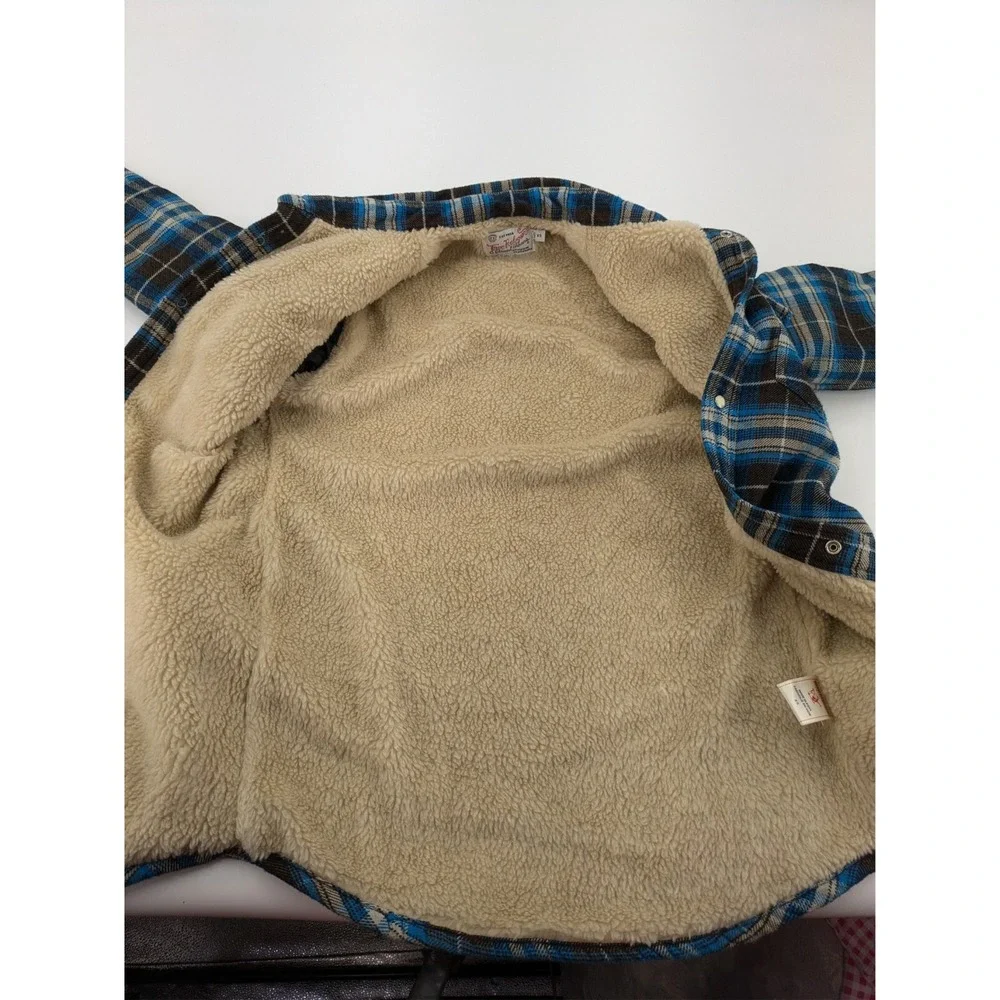 True Religion Sherpa Lined Flannel Shirt Jacket Blue Plaid Western Pearl Snap XS